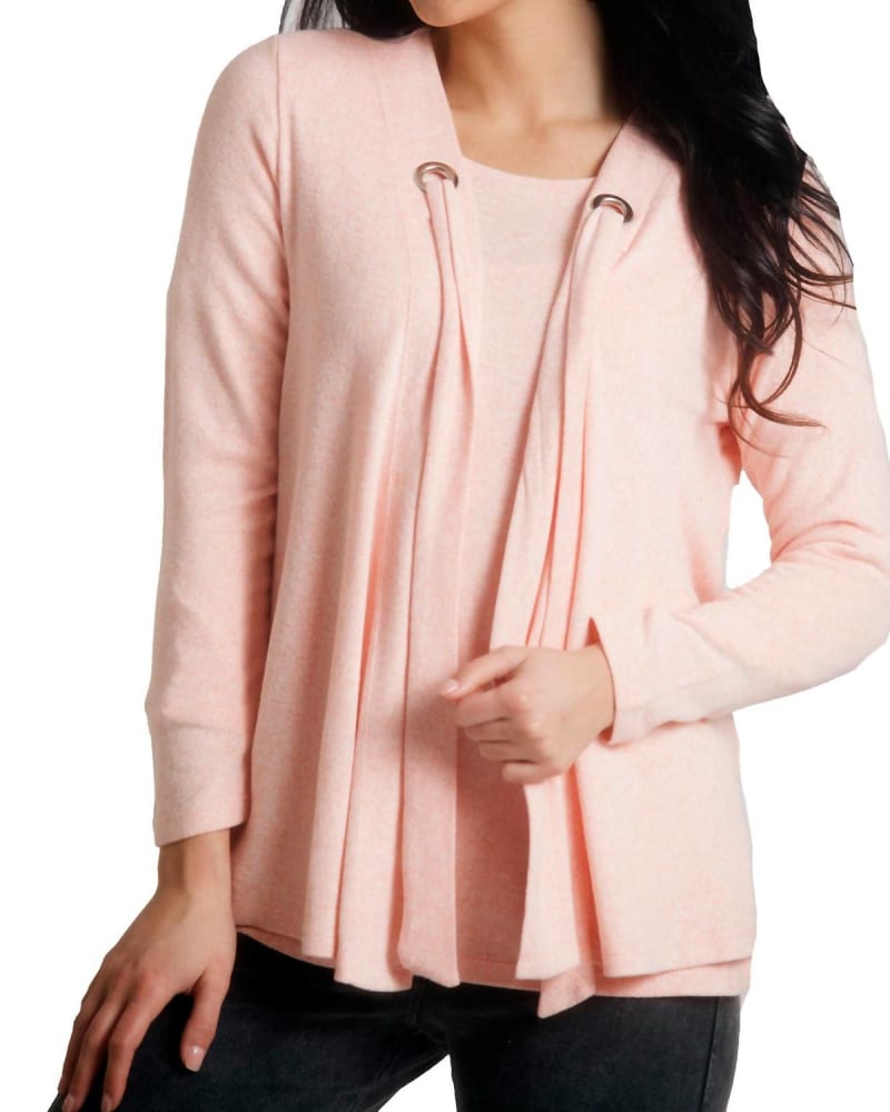 Front of a model wearing a size LG Nikki Kashmira Grommet Open Cardigan in Peach in Peach by french kyss. | dia_product_style_image_id:327379